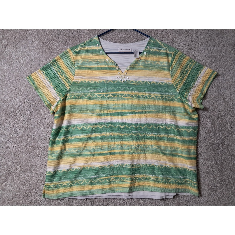 Alfred Dunner Top Women 2X Green Yellow Striped Sequin Short Sleeve Blouse